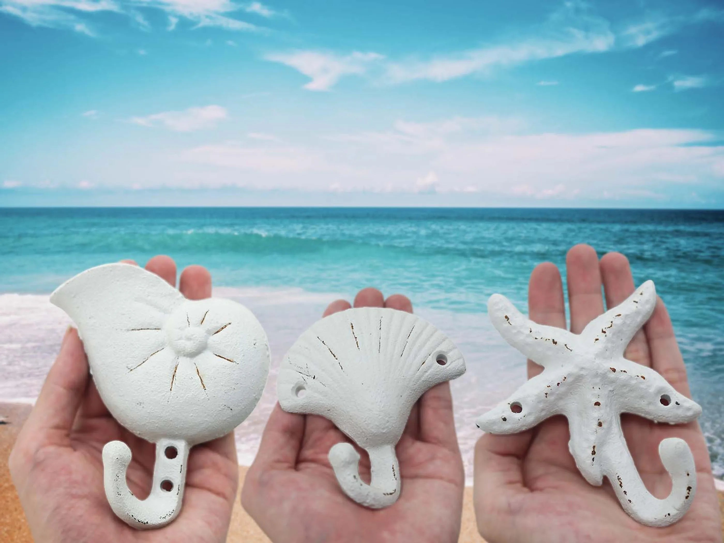 Sea Snail Starfish Shell Shape Cast Iron Nautical Wall Hooks Set- 3-Pack Assorted Rustic White Seaside-Themed Wall Mount Coat Hooks- Beach Coastal Wall Decor