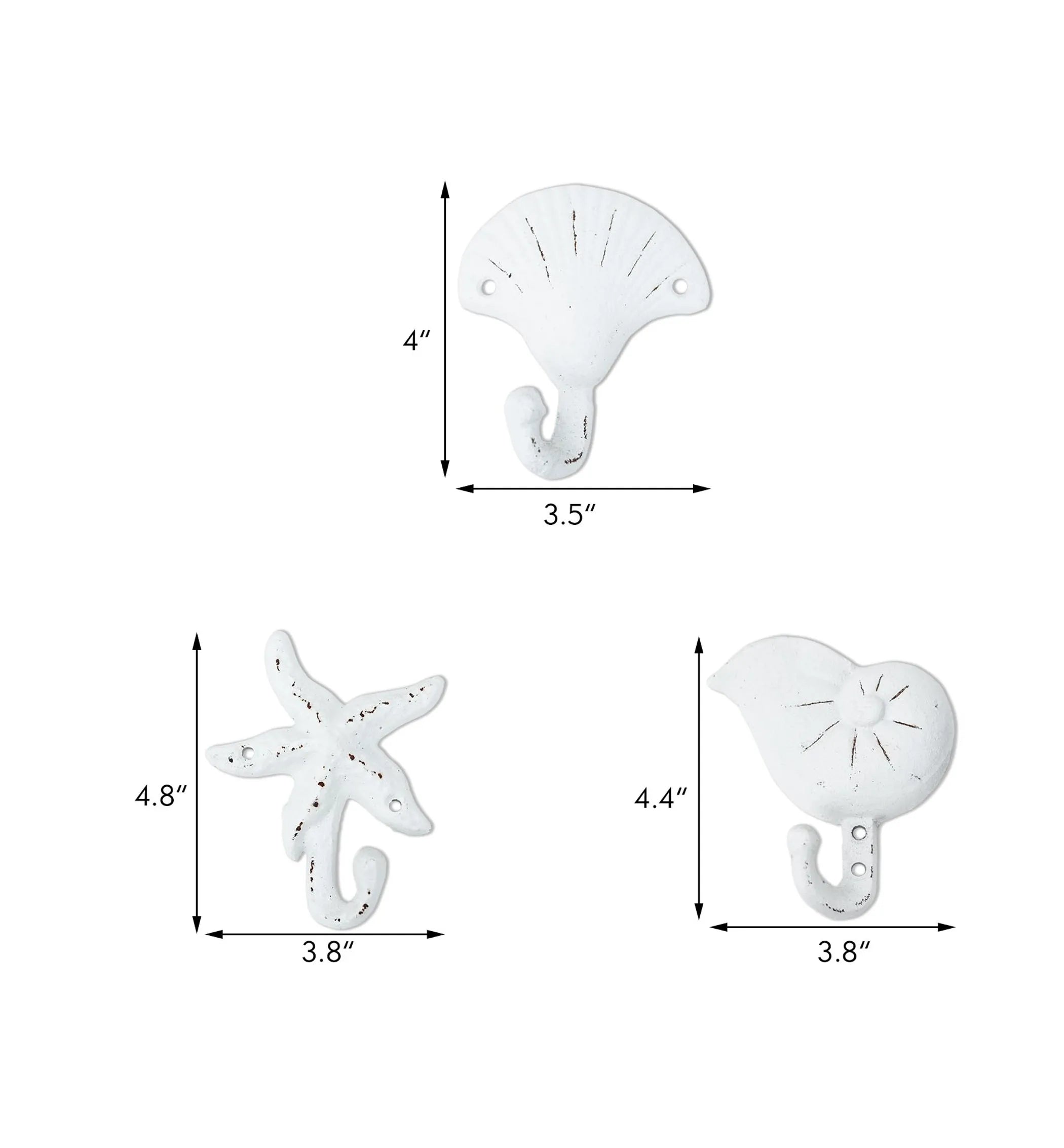 Sea Snail Starfish Shell Shape Cast Iron Nautical Wall Hooks Set- 3-Pack Assorted Rustic White Seaside-Themed Wall Mount Coat Hooks- Beach Coastal Wall Decor