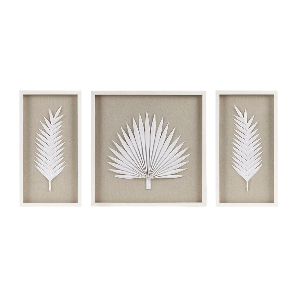 Sabal Framed Rice Paper Palm Leaves 3 Piece Shadowbox Wall Decor Set Coastal Botanical Art With Linen Backdrop