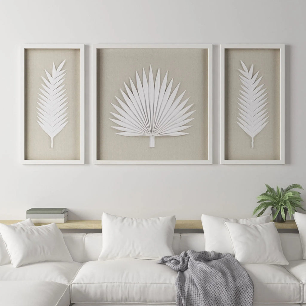 Sabal Framed Rice Paper Palm Leaves 3 Piece Shadowbox Wall Decor Set Coastal Botanical Art With Linen Backdrop