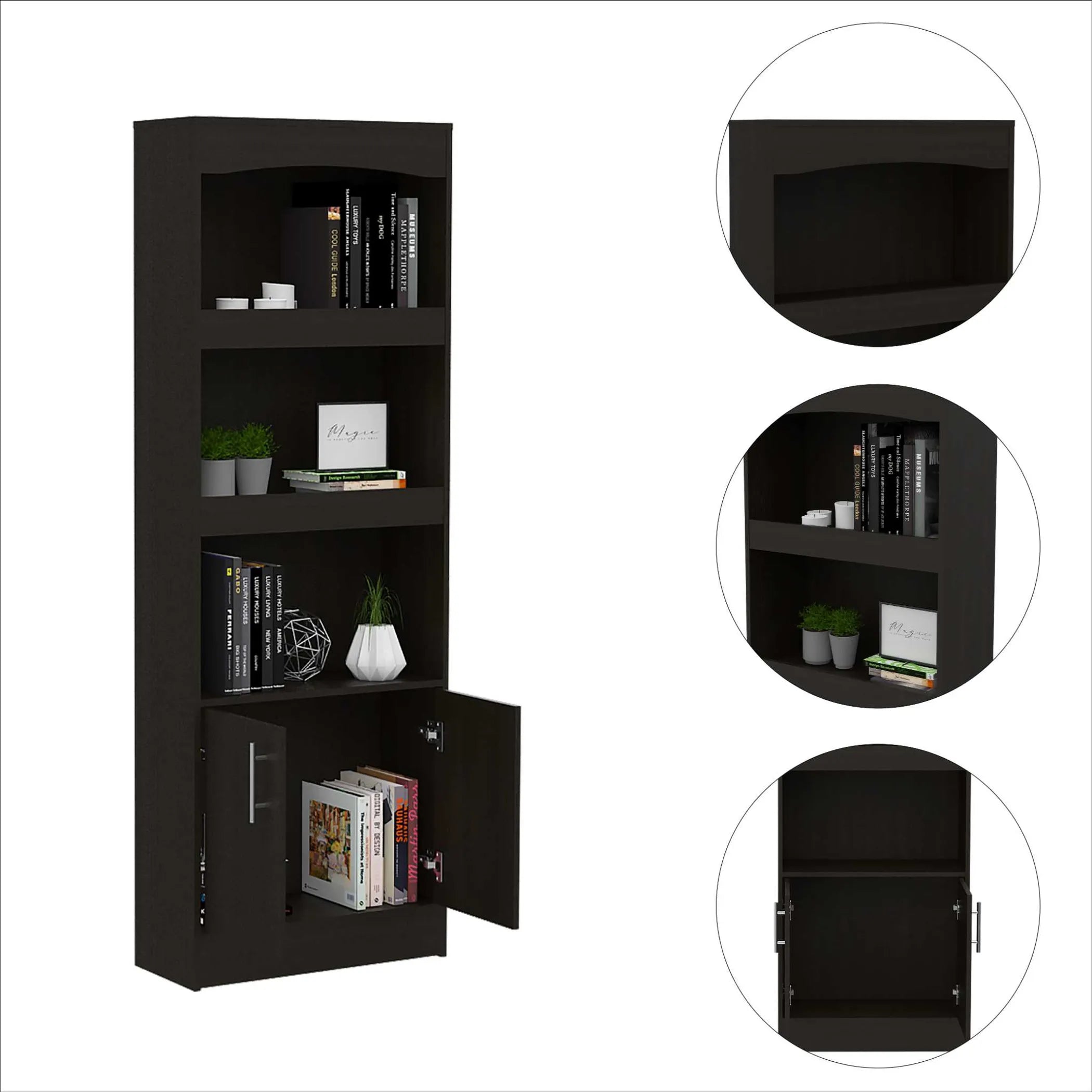 Simma Bookcase, Metal Hardware, Three Shelves, Double Door Cabinet