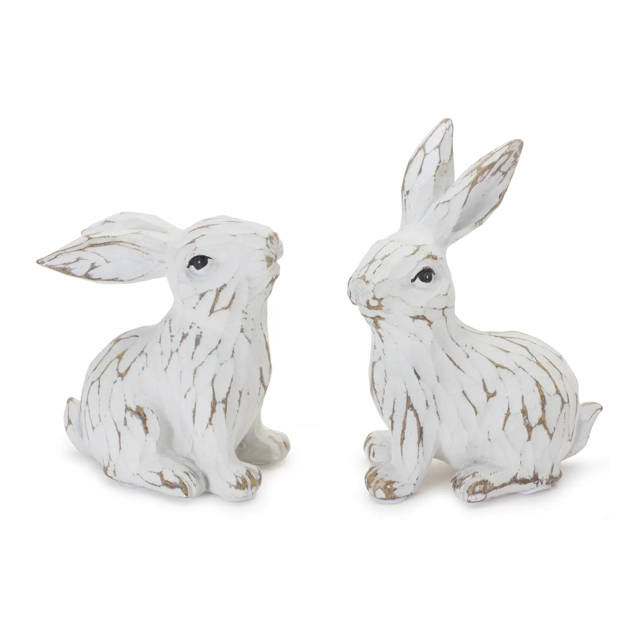 Carved Bunny Figurines Resin Cottage Decor White Wash Finish Neutral White Beige