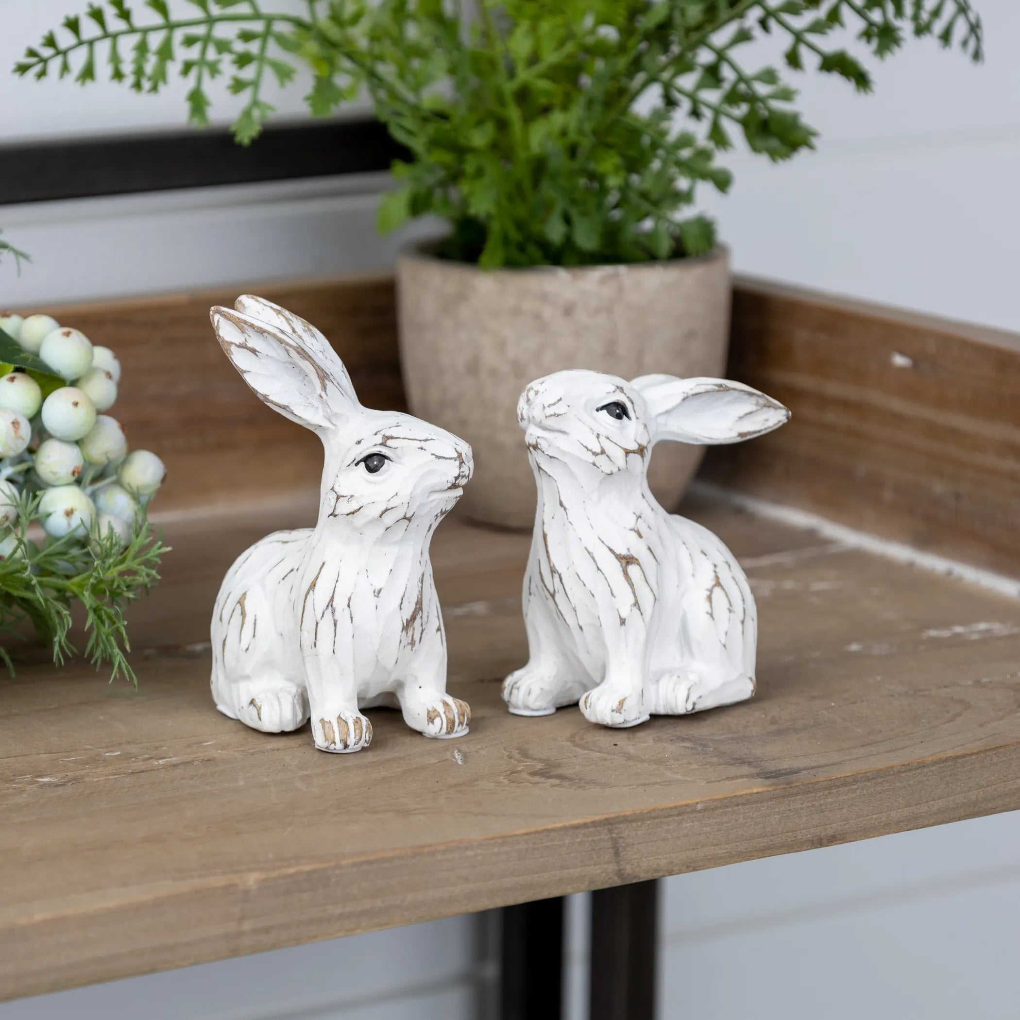 Carved Bunny Figurines Resin Cottage Decor White Wash Finish Neutral White Beige
