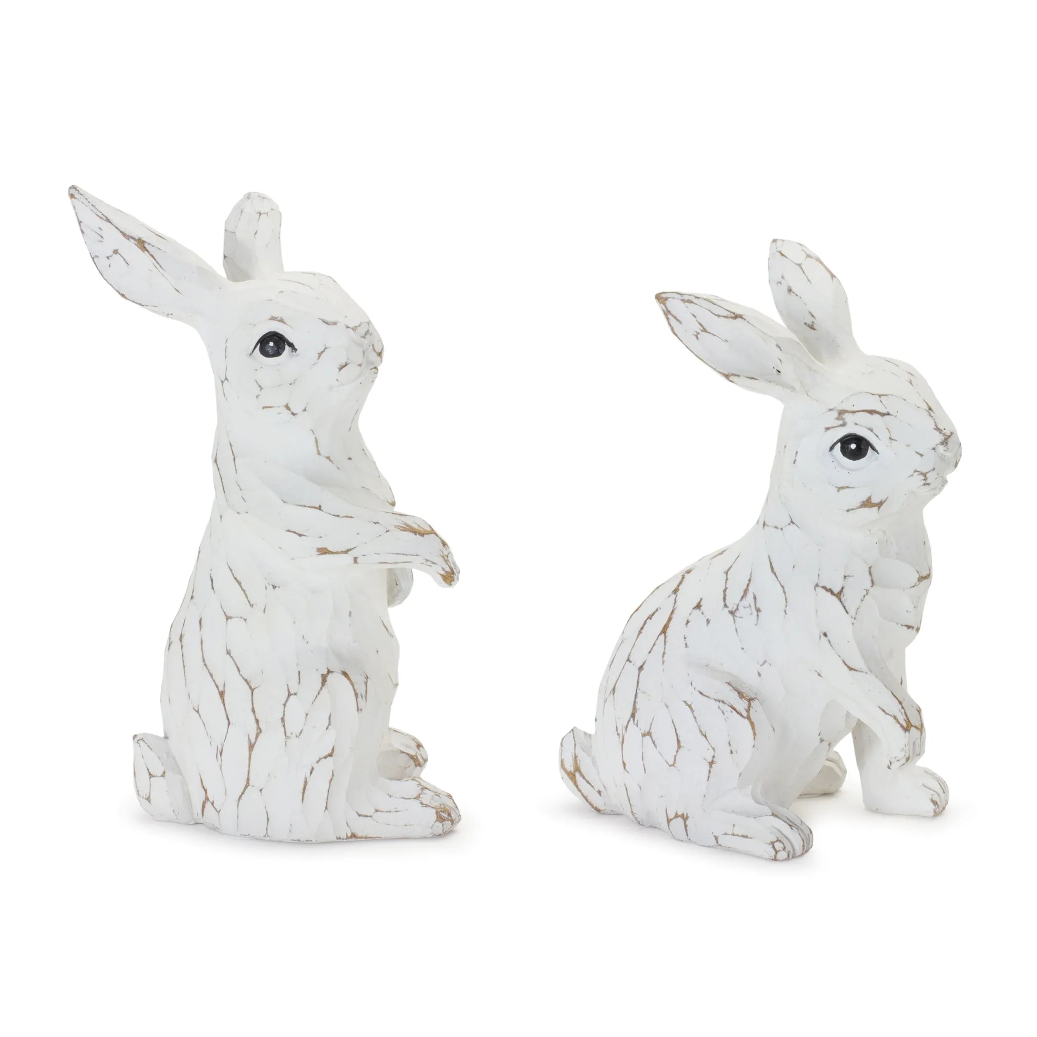 Carved Bunny Figurines Resin Cottage Decor White Wash Finish Neutral White Beige