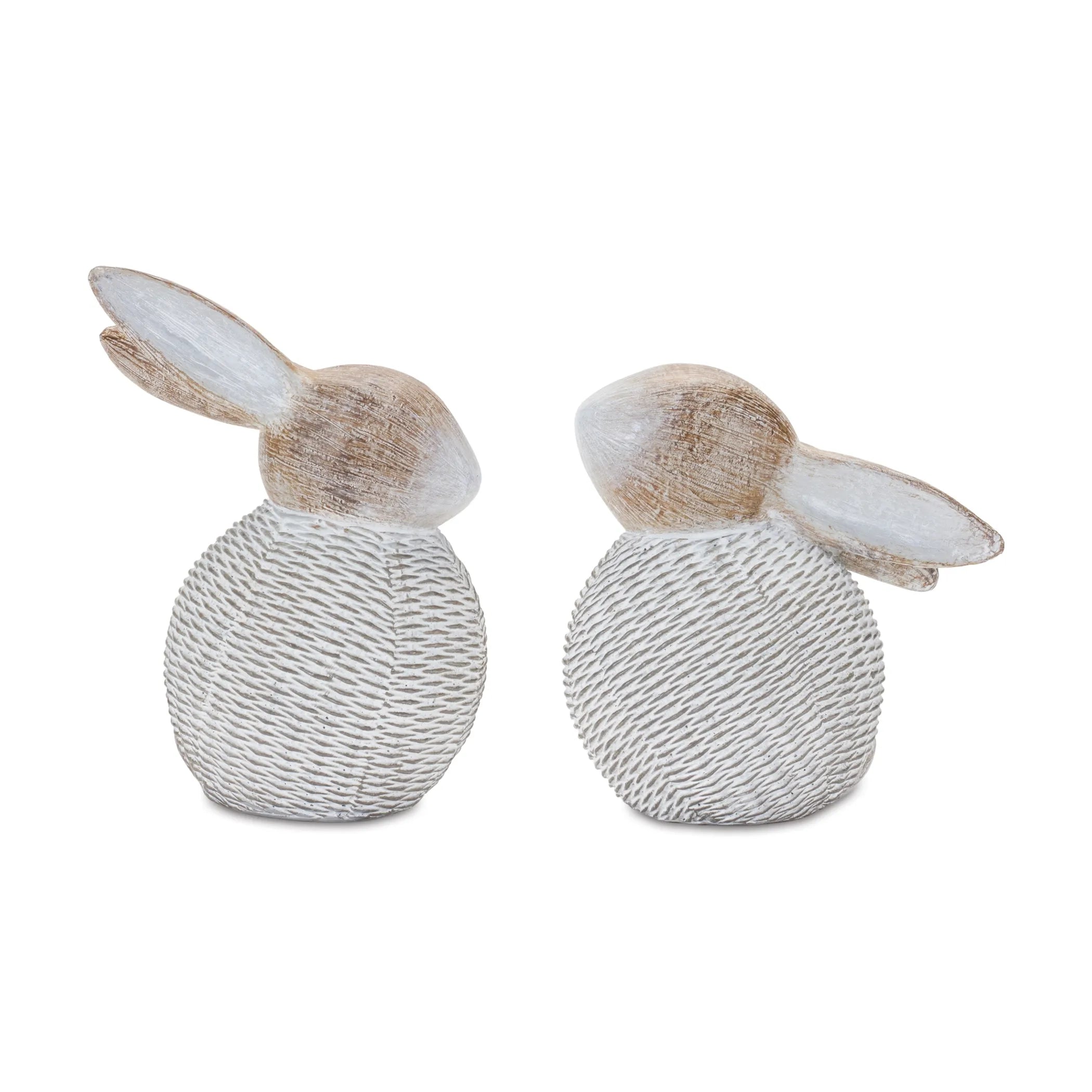 Wicker Bunny Figurines Set Of 2 Resin Cottage Decor With Wood Grain And Woven Accents