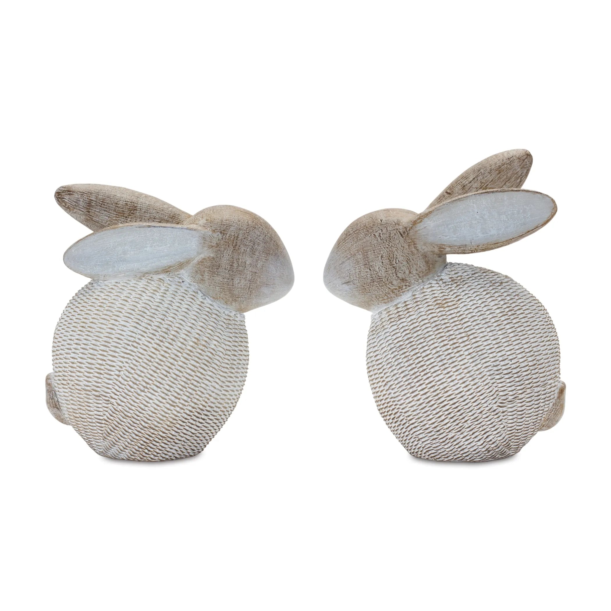 Wicker Bunny Figurines Set Of 2 Resin Cottage Decor With Wood Grain And Woven Accents