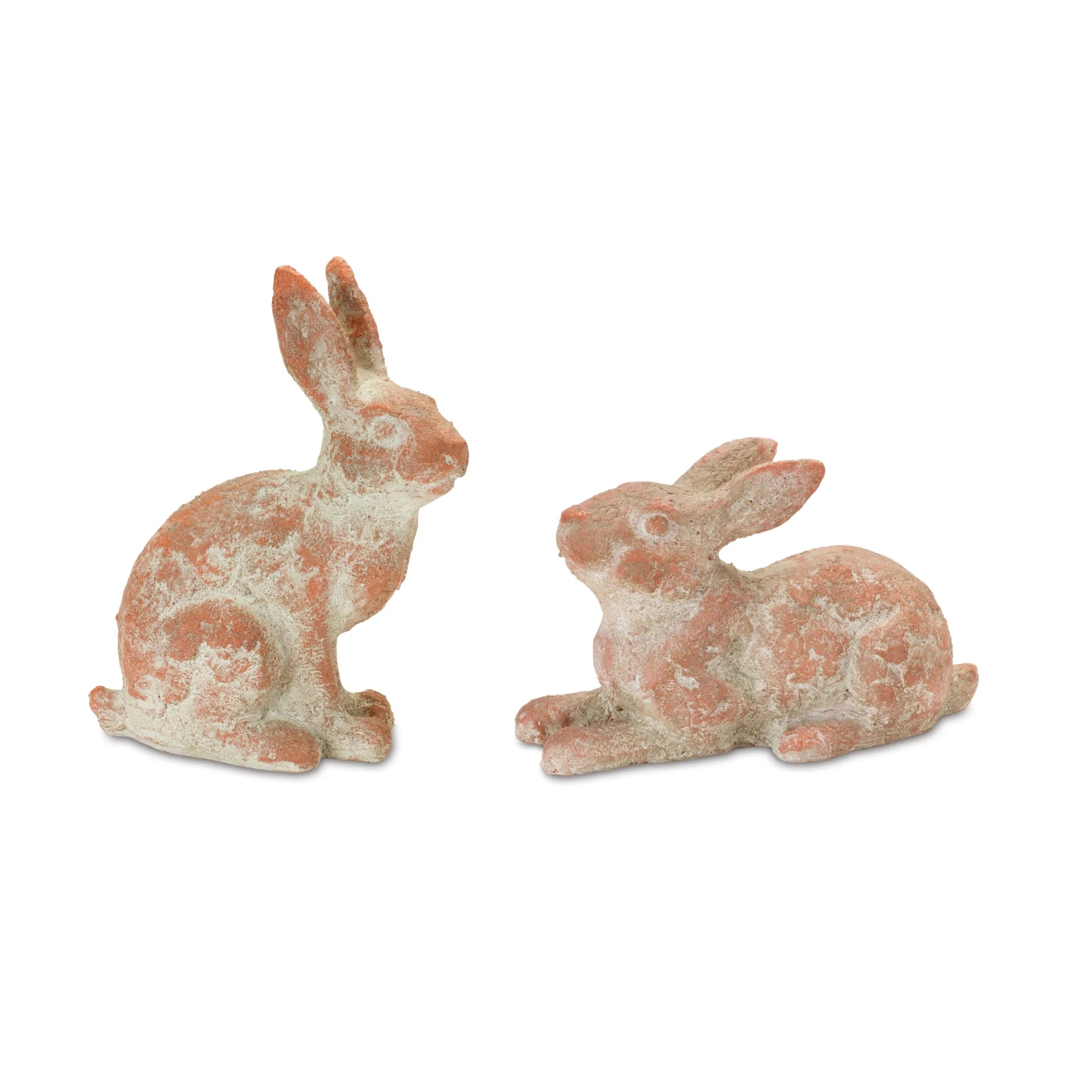 Distressed Garden Rabbit Statues Set In Coral Pink Polyresin Finish For Outdoor And Indoor Spring Decor