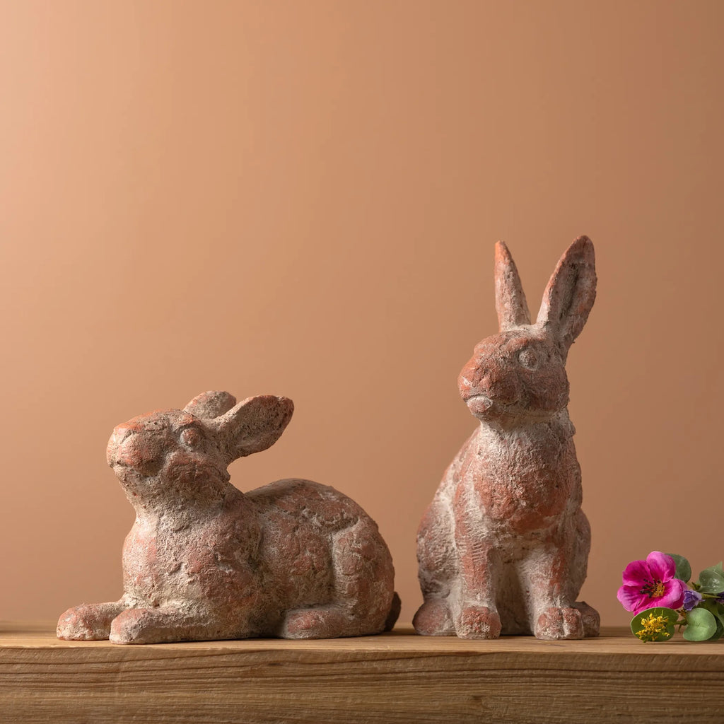Distressed Garden Rabbit Statues Set In Coral Pink Polyresin Finish For Outdoor And Indoor Spring Decor