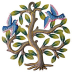 Painted Tree With Two Blue Birds Haitian Handcrafted Recycled Steel Sculpture 12 Inch Square For Home Or Garden Decor