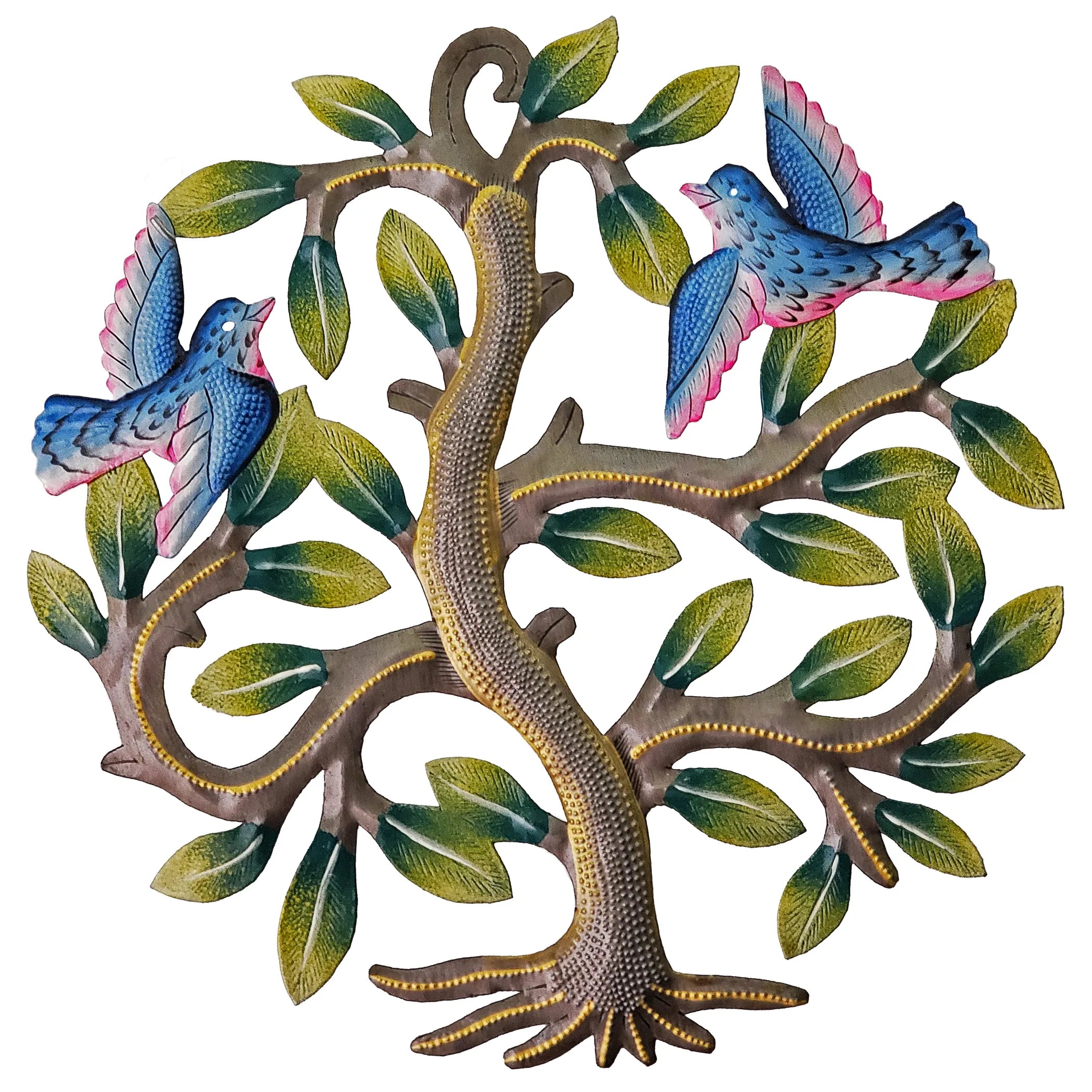 Painted Tree With Two Blue Birds Haitian Handcrafted Recycled Steel Sculpture 12 Inch Square For Home Or Garden Decor