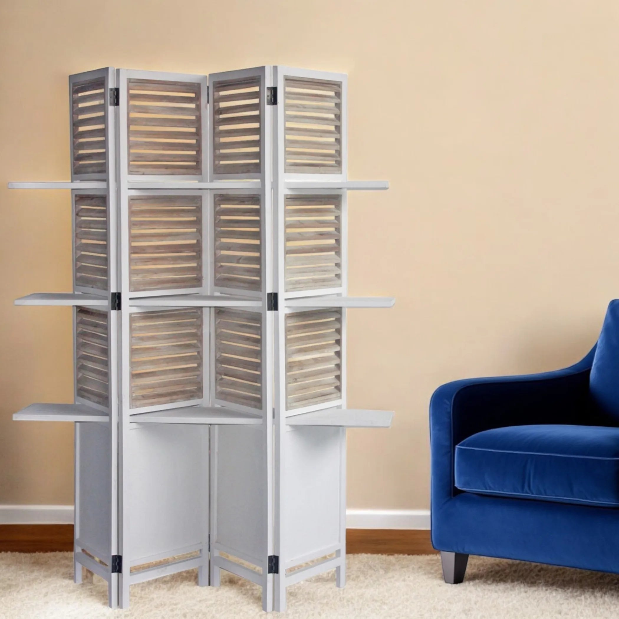 71" White Wood Folding Four Panel Screen Room Divider