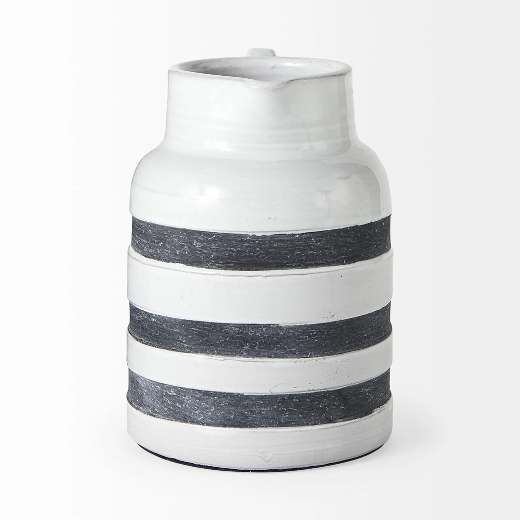 9" Rustic White And Blue Stripe Ceramic Jug