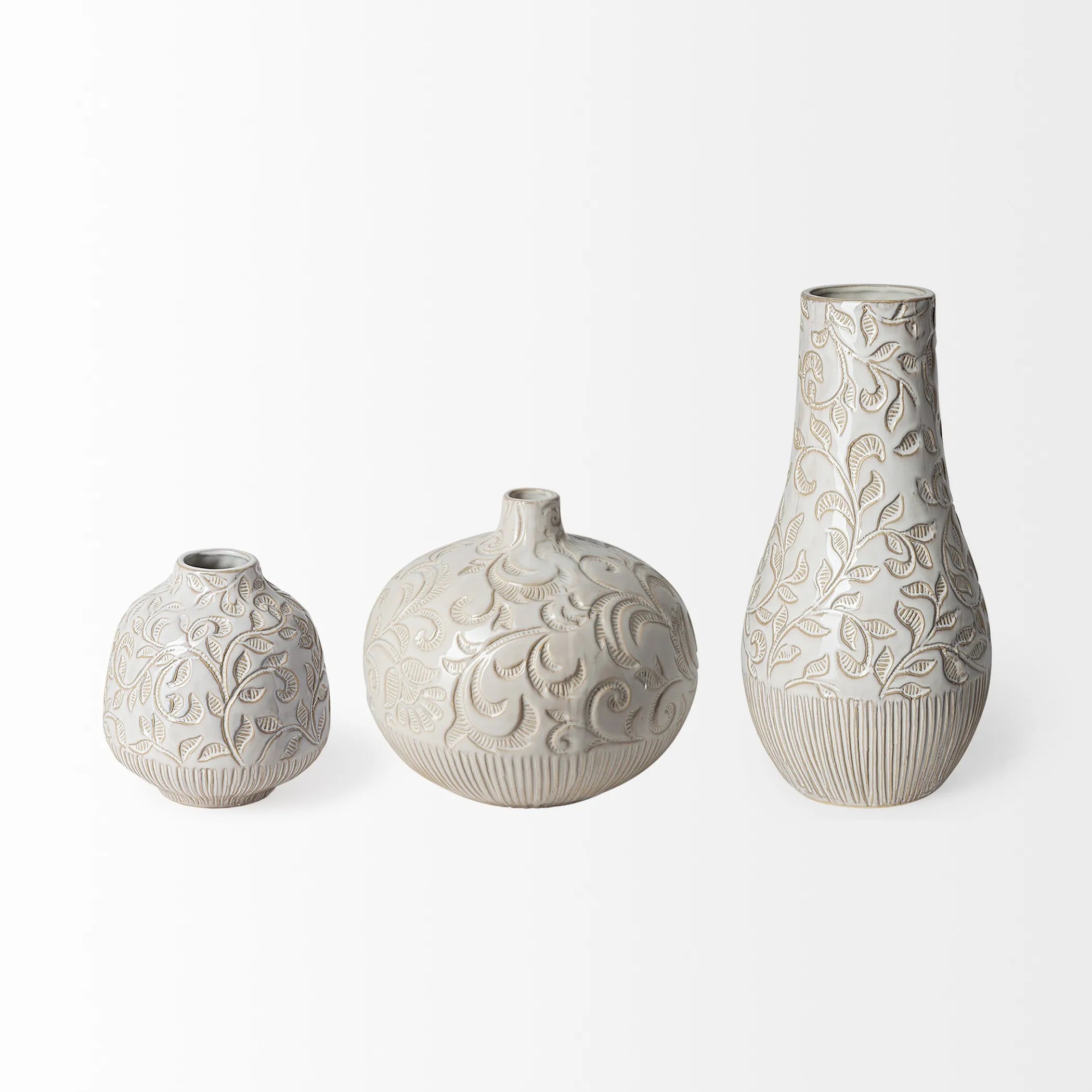 8" Carved White Ceramic Vase