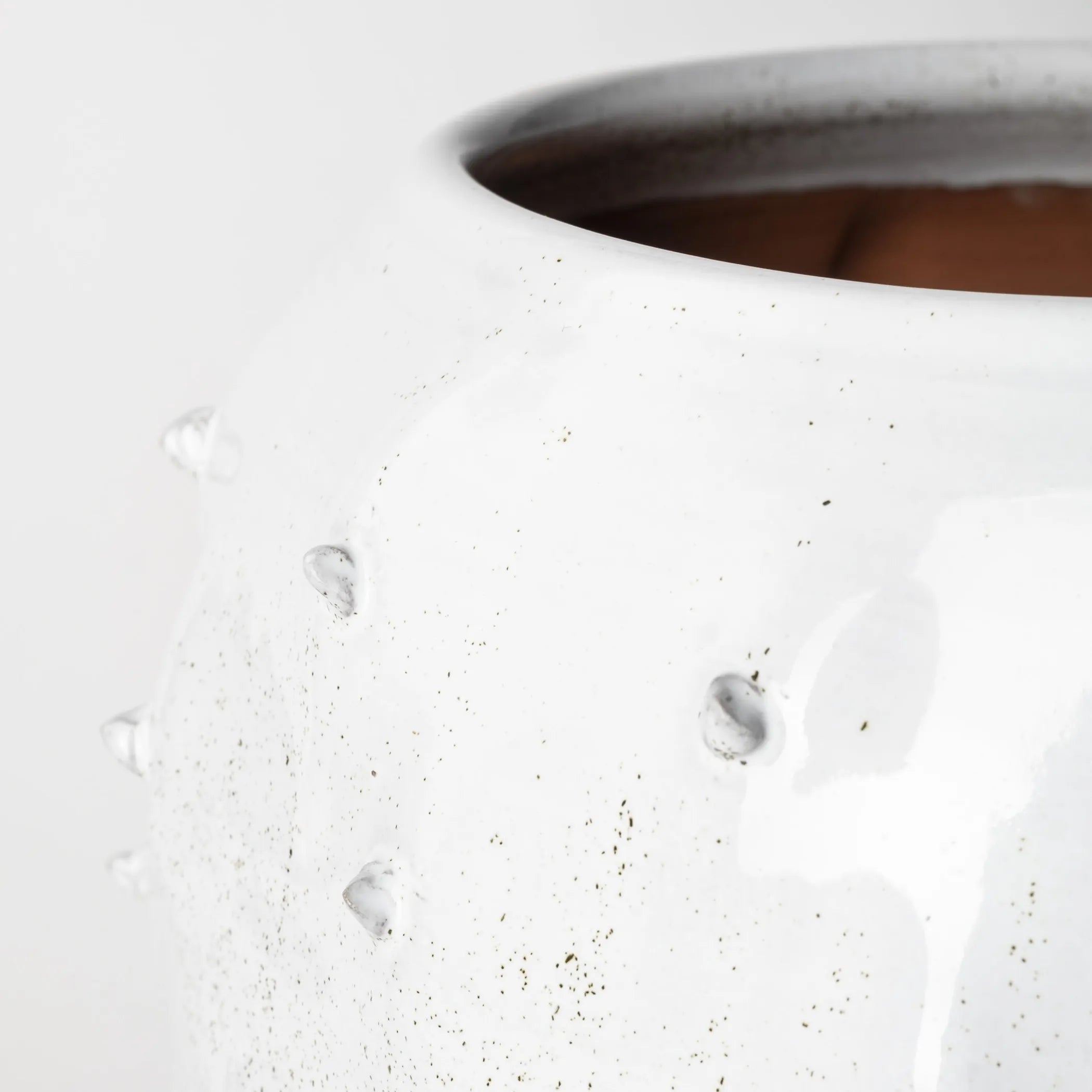 14" White Spiked Organic Glaze Large Mouth Ceramic Vase