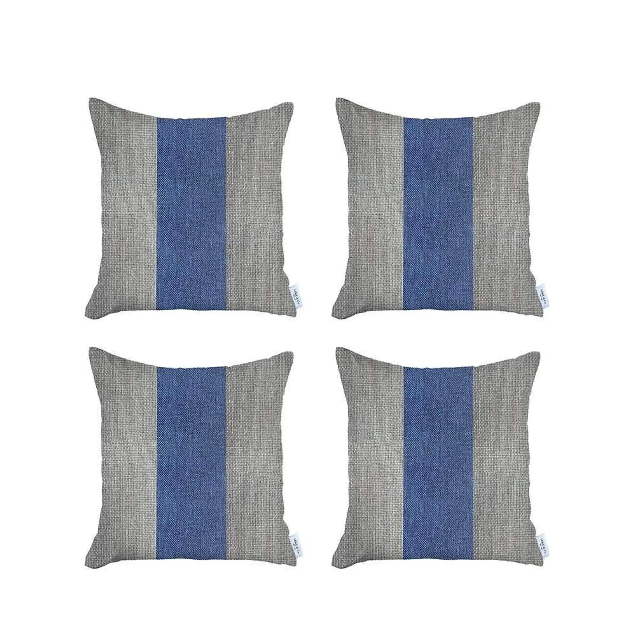 Set Of Four 18" X 18" Grey And Blue Geometric Zippered Handmade Polyester Throw Pillow
