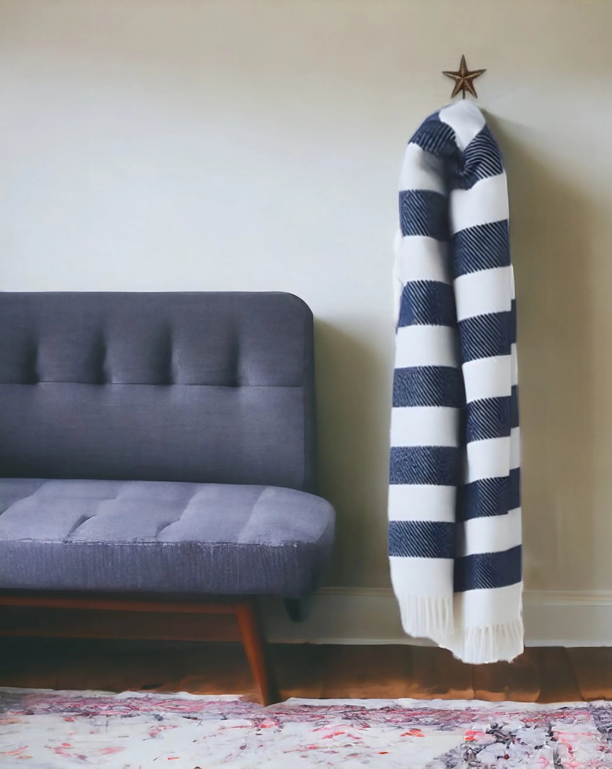 Cream and Navy Blue Slanted Stripe Fringed Throw Blanket