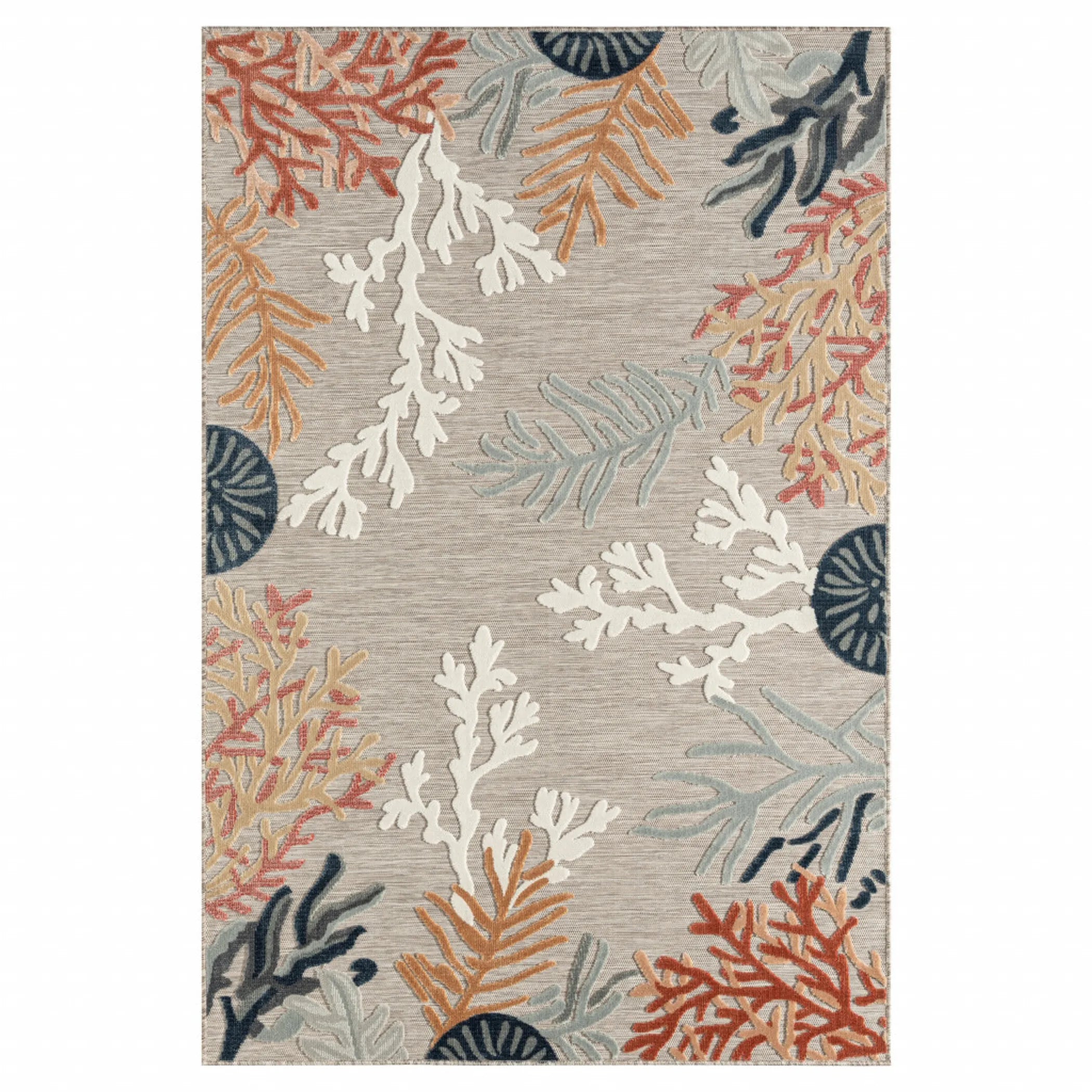 5' X 7' Grey Beige Orange Blue And White Coastal Coral Indoor Outdoor Area Rug