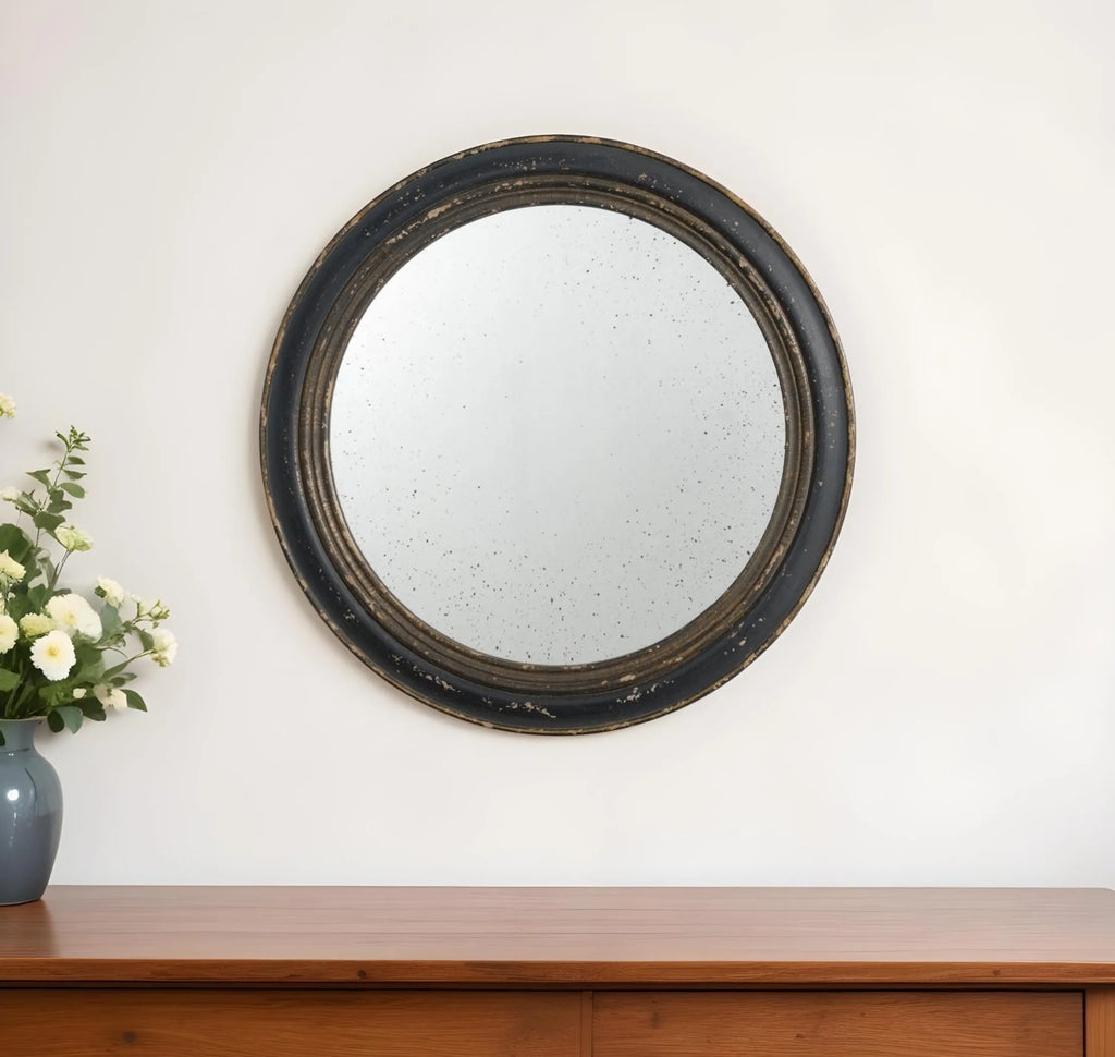 24 Inch Round Distressed Wood Frame Accent Mirror In Dark Brown Rustic Farmhouse Style For Living Room Decor
