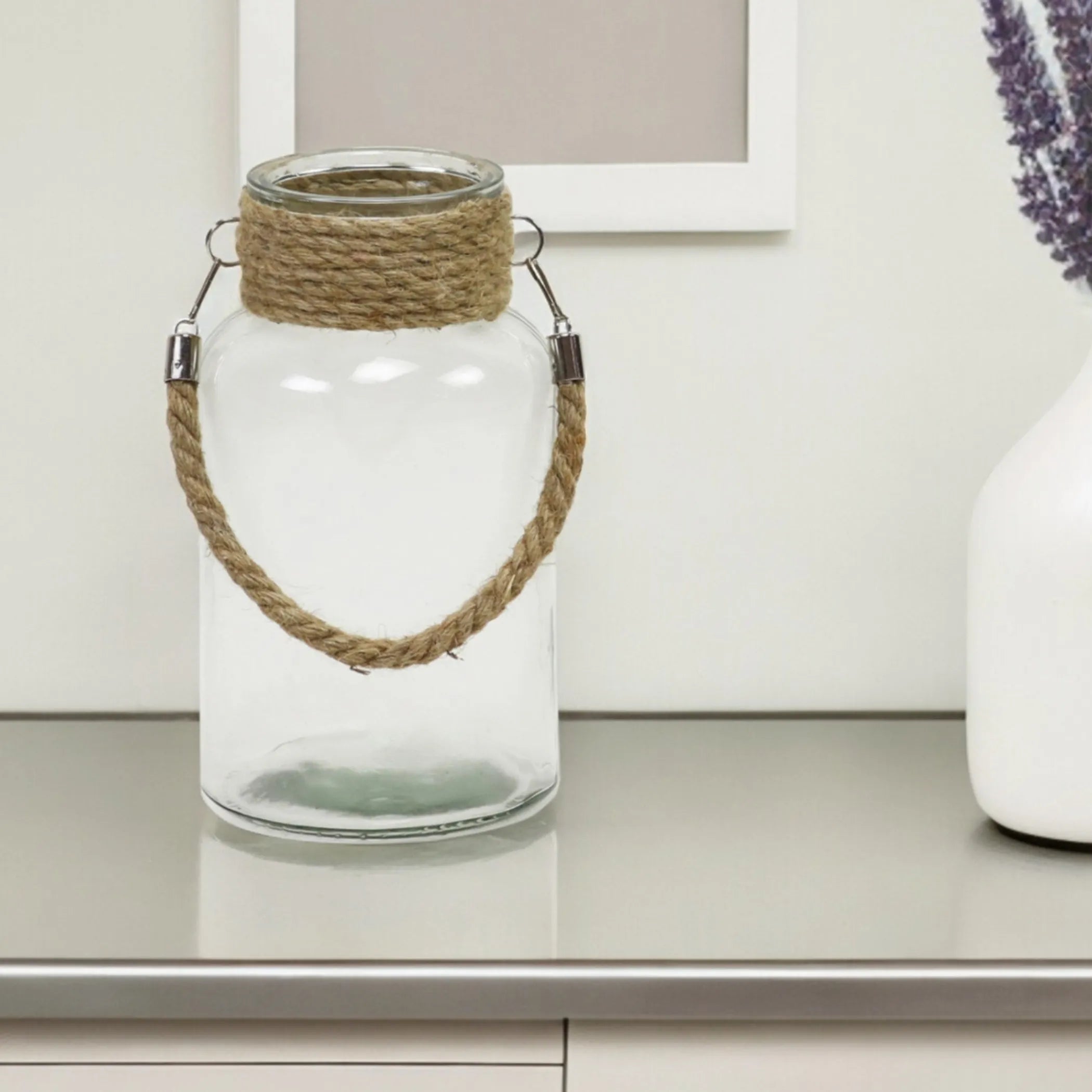 10" Clear and Brown Glass Jar with Rope