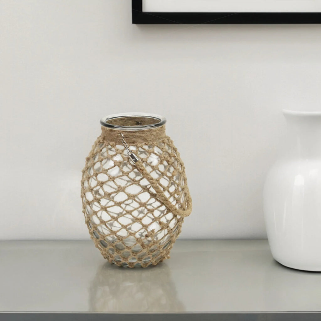 12.25" Clear and Brown Oval Glass Jar with Rope