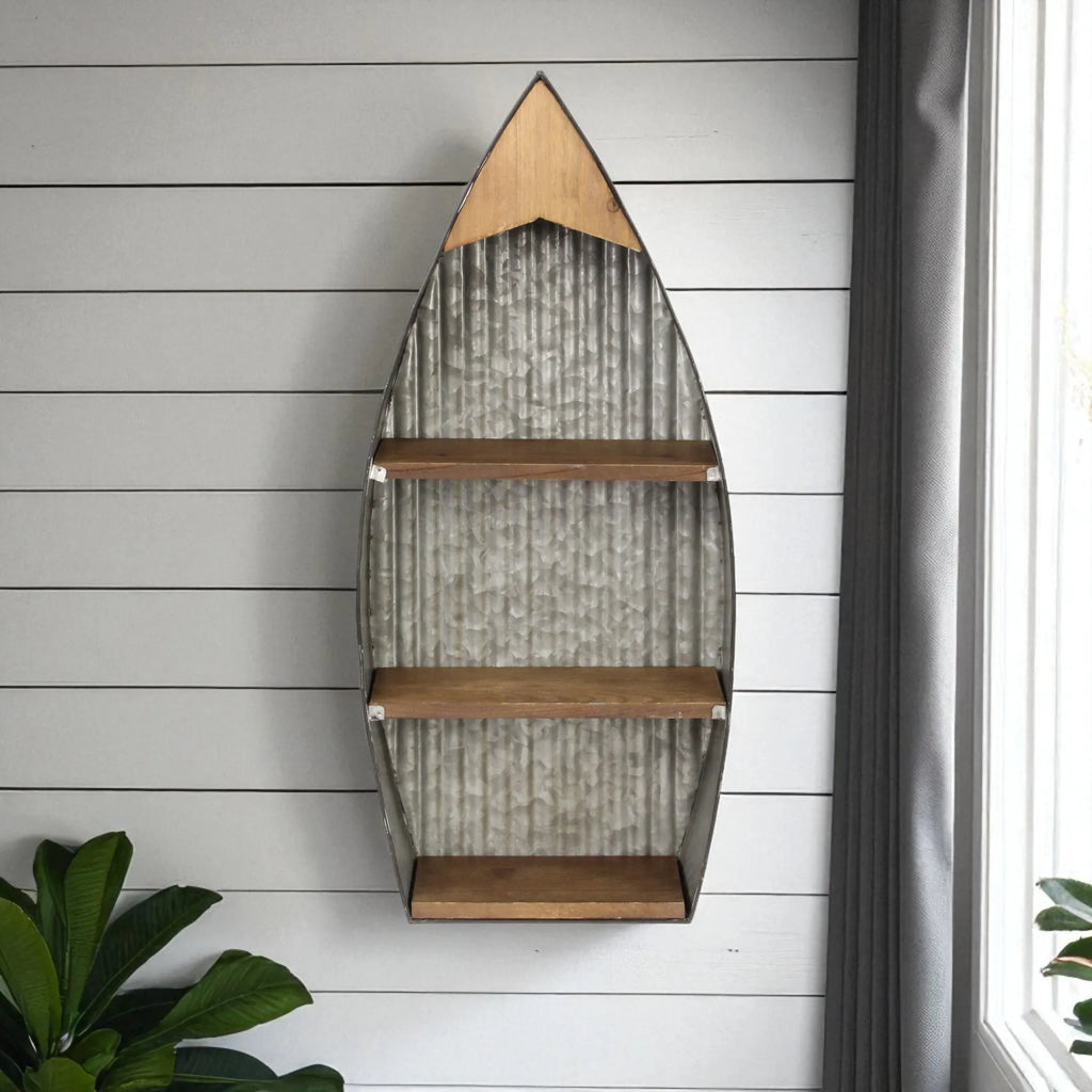 23" Brown And Gray Galvanized Metal And Wood Wall Mounted Boat Shelf