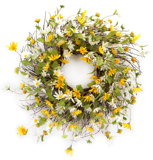 24 Inch Yellow And White Spring Daisy Artificial Wreath For Covered Porches And Indoor Use