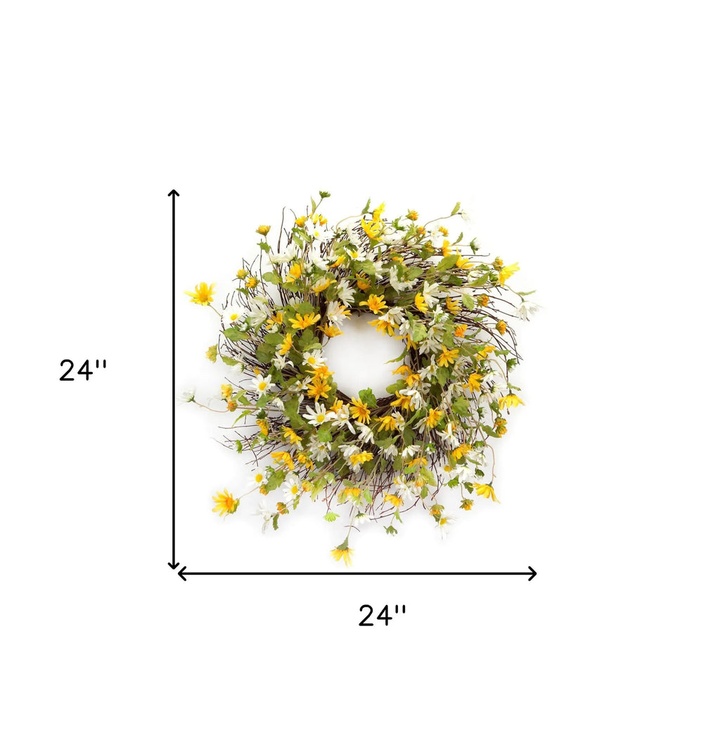 24 Inch Yellow And White Spring Daisy Artificial Wreath For Covered Porches And Indoor Use