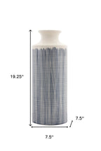 19" Blue and White Geometric Cylinder Terracotta Floor Vase