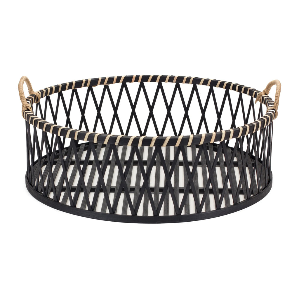 Set of Two Black and Tan Round Bamboo Serving Tray With Handles