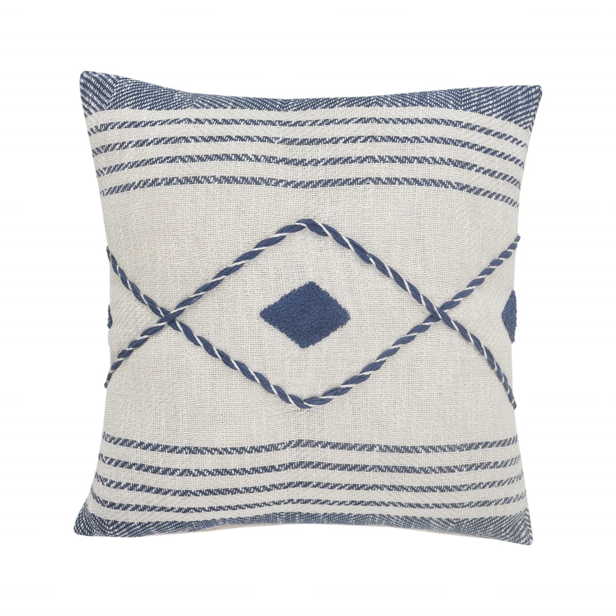 20" Ivory and Blue Coastal Cotton Throw Pillow With Texture