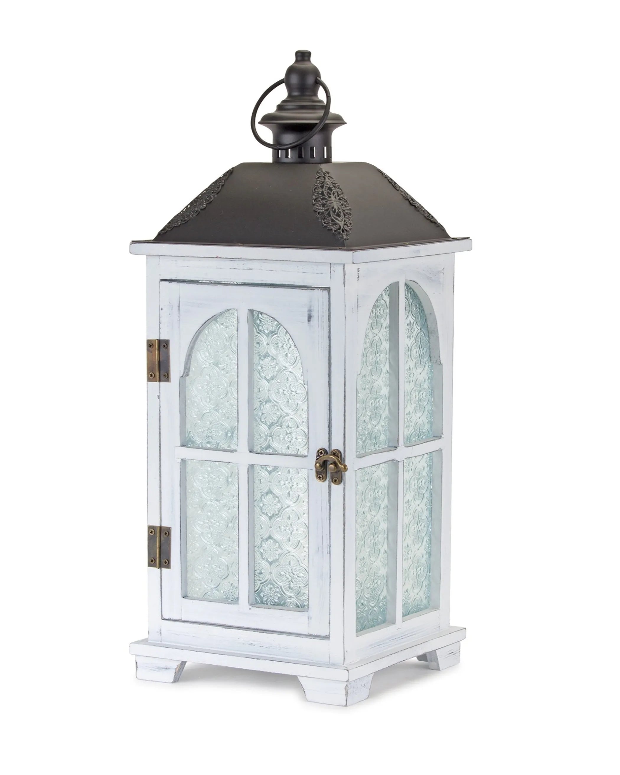 Set of Two White and Black Glass Wood and Metal Ornate Floor Lantern Candle Holders