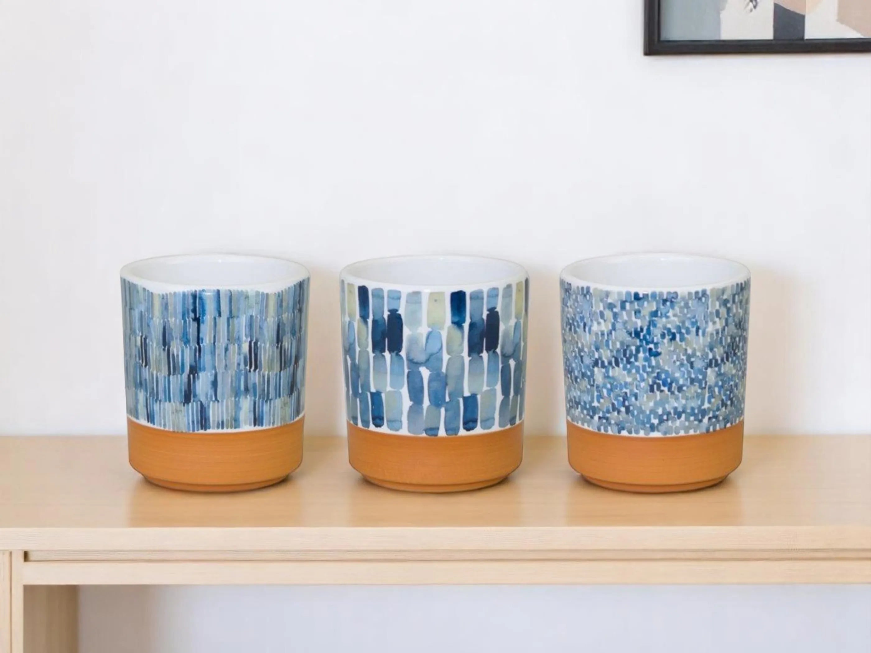 Set of Three Blue Terra Cotta And White Ceramic 1 Ounce Geometric Round Pot Planters