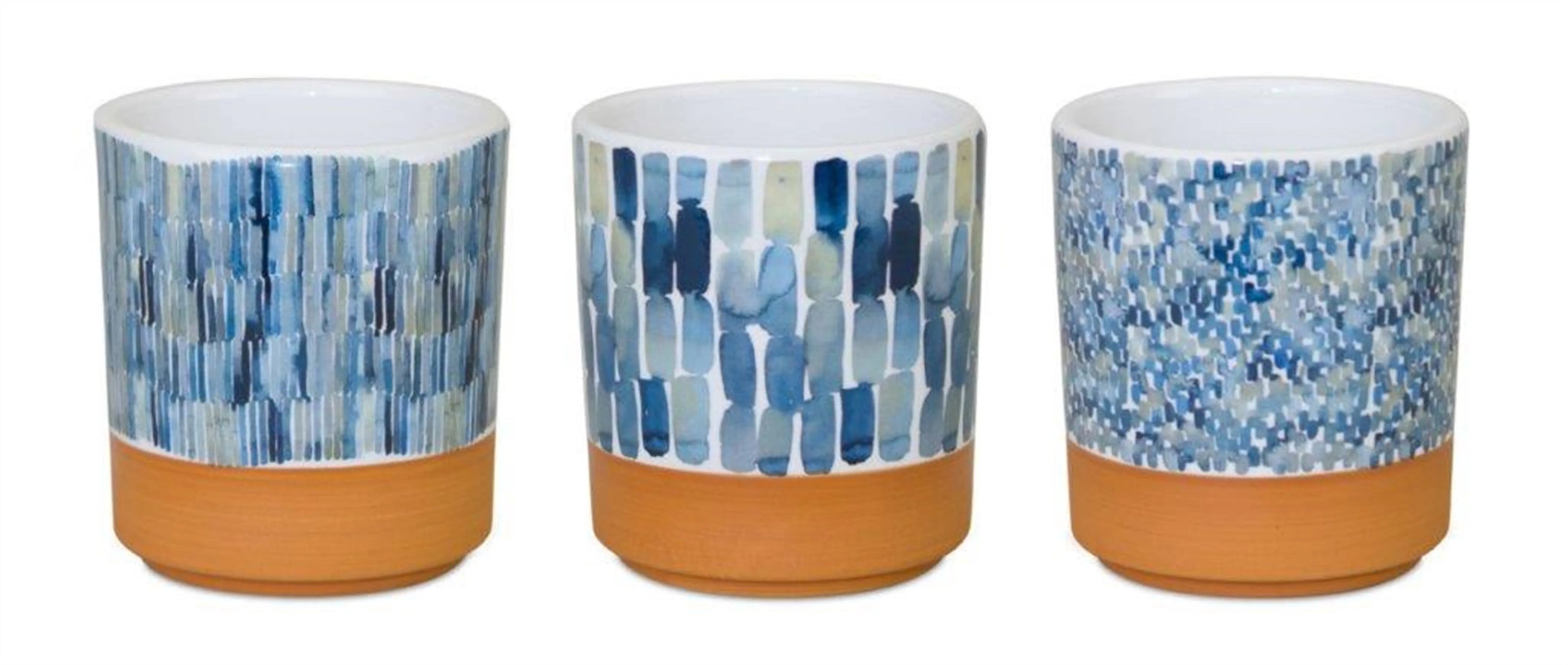 Set of Three Blue Terra Cotta And White Ceramic 1 Ounce Geometric Round Pot Planters