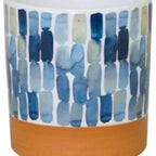 Set of Three Blue Terra Cotta And White Ceramic 1 Ounce Geometric Round Pot Planters