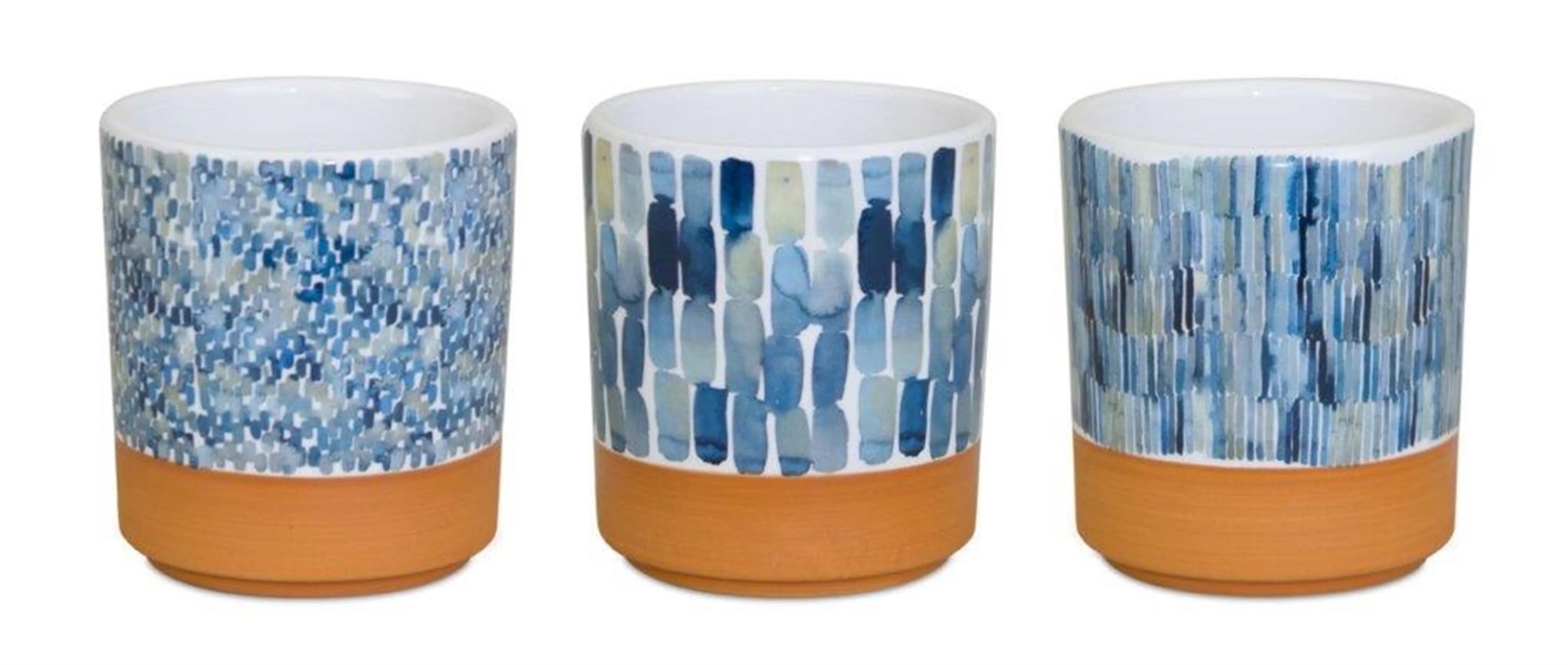 Set of Three Blue Terra Cotta And White Ceramic 1 Ounce Geometric Round Pot Planters