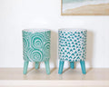 Set of Two Aqua Teal And White Ceramic 2 Ounce Round Raised Pot Planters