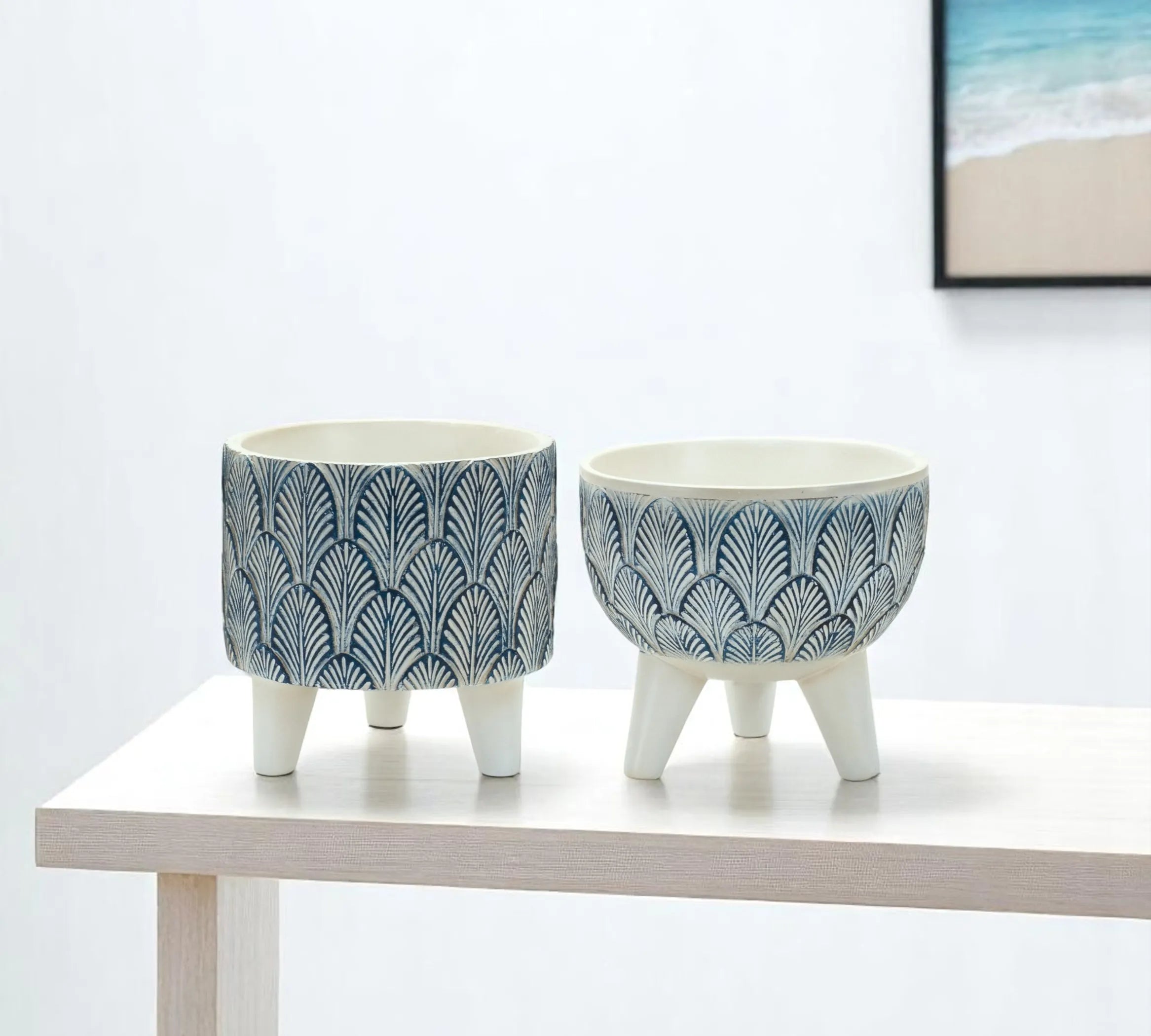 Set of Two Blue And White Polyresin Geometric Pot Planters