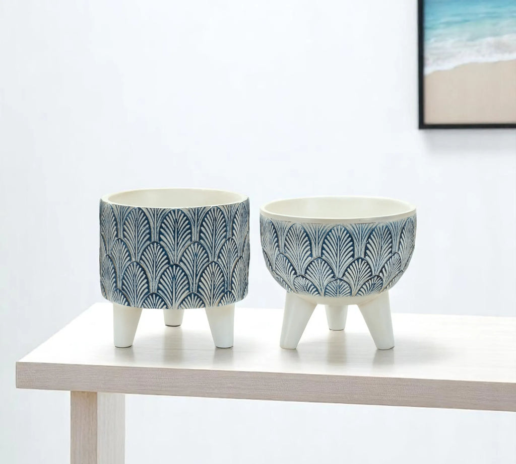 Set of Two Blue And White Polyresin Geometric Pot Planters