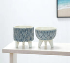 Set of Two Blue And White Polyresin Geometric Pot Planters