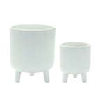 Set of Two White Ceramic Striped Footed Pot Planters