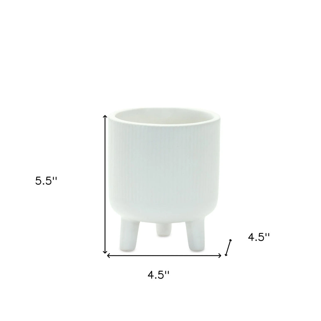 Set of Two White Ceramic Striped Footed Pot Planters