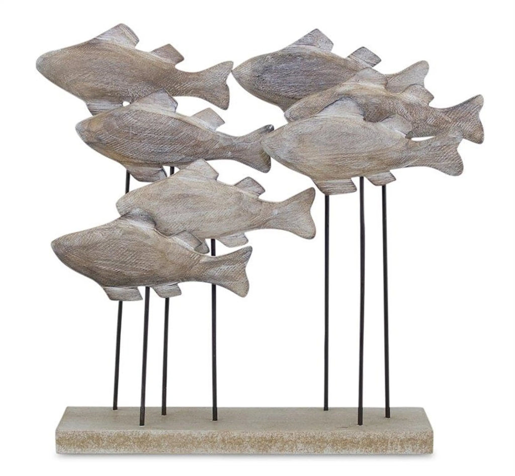 9" Brown Metal And Wood School Of Fish Tabletop Sculpture
