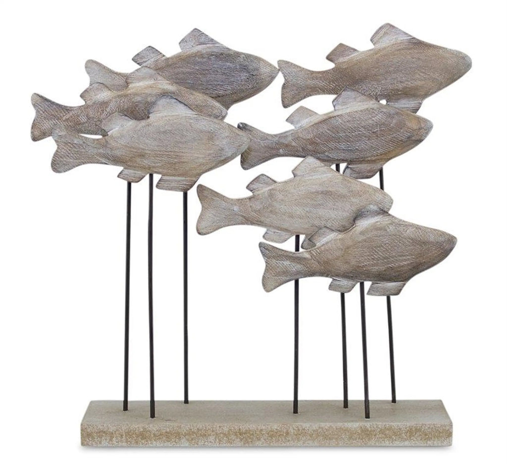 9" Brown Metal And Wood School Of Fish Tabletop Sculpture