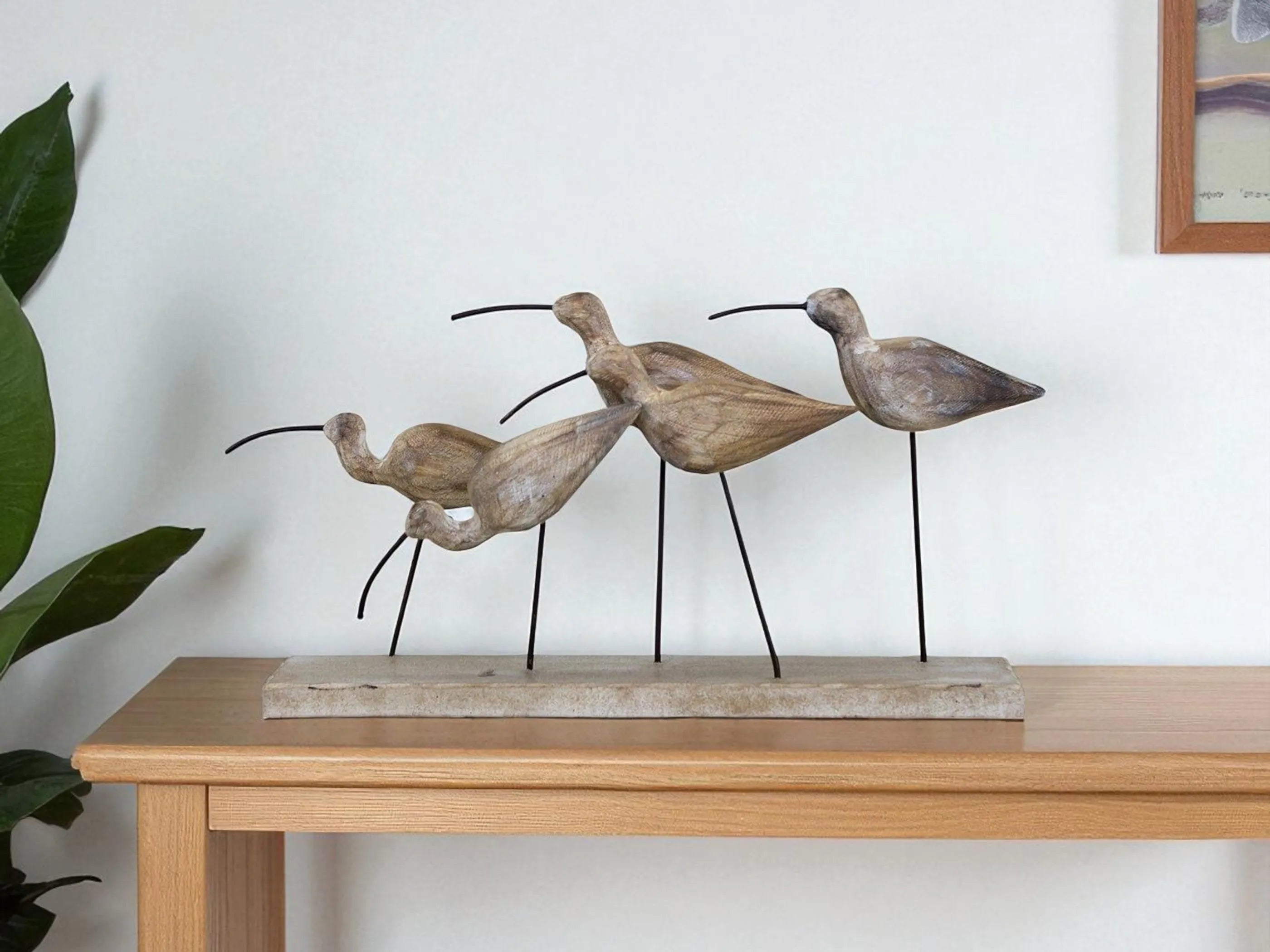 13" Natural Metal And Wood Coastal Sand Plover Birds Tabletop Sculpture
