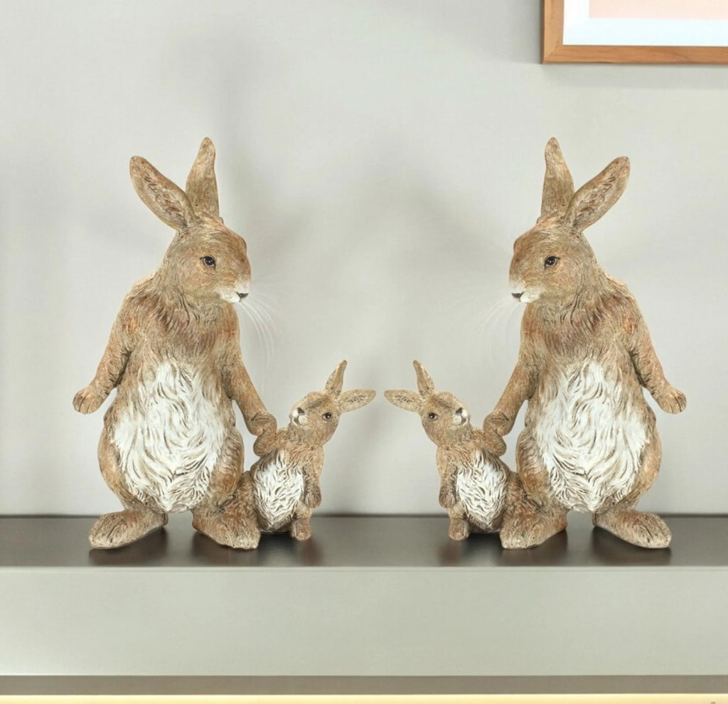 Set Of Two 7 Inch Brown And White Polyresin Rabbit Figurines For Tabletop Decor Accent