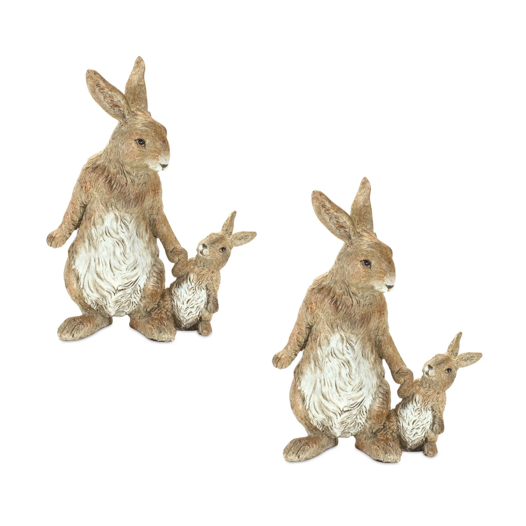 Set Of Two 7 Inch Brown And White Polyresin Rabbit Figurines For Tabletop Decor Accent