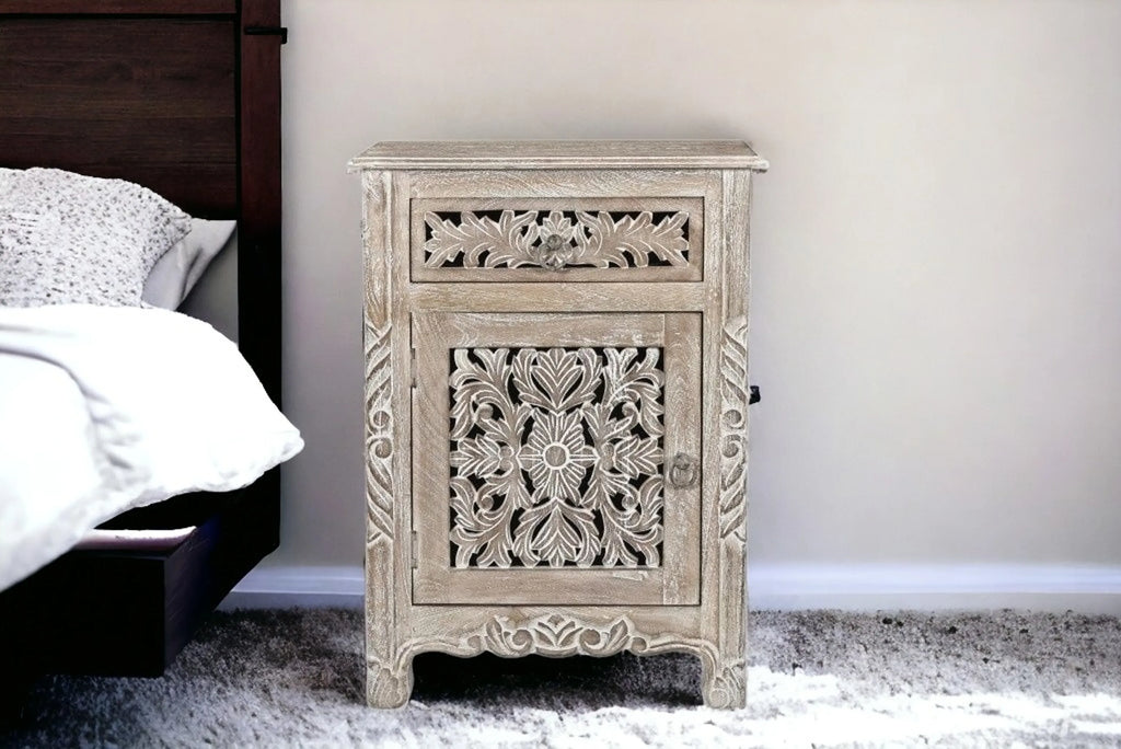 30" Gray Solid Wood Distressed One Drawer Nightstand