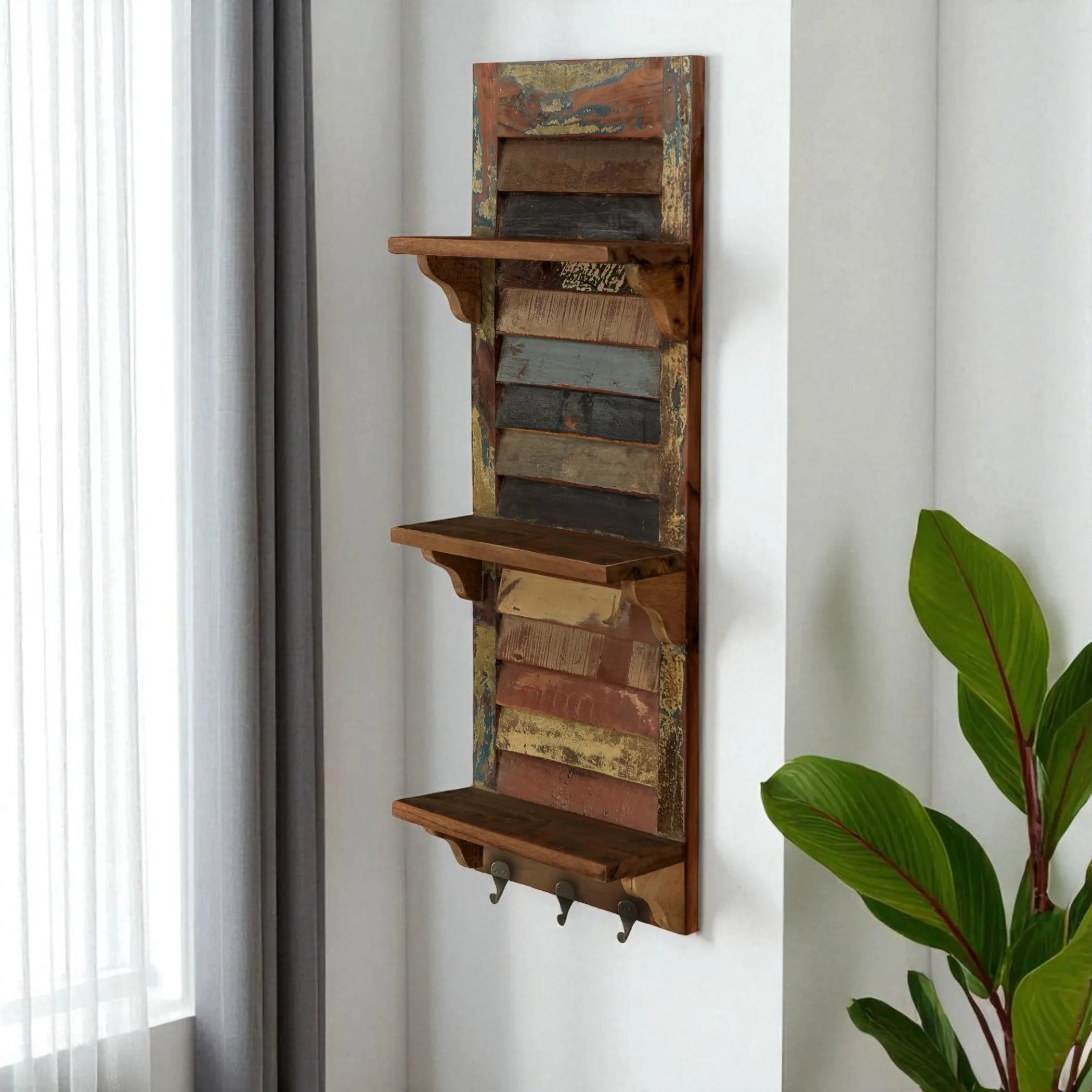 34" Brown And Multi Patina Reclaimed Wood Wall Mounted Shelf With Hooks
