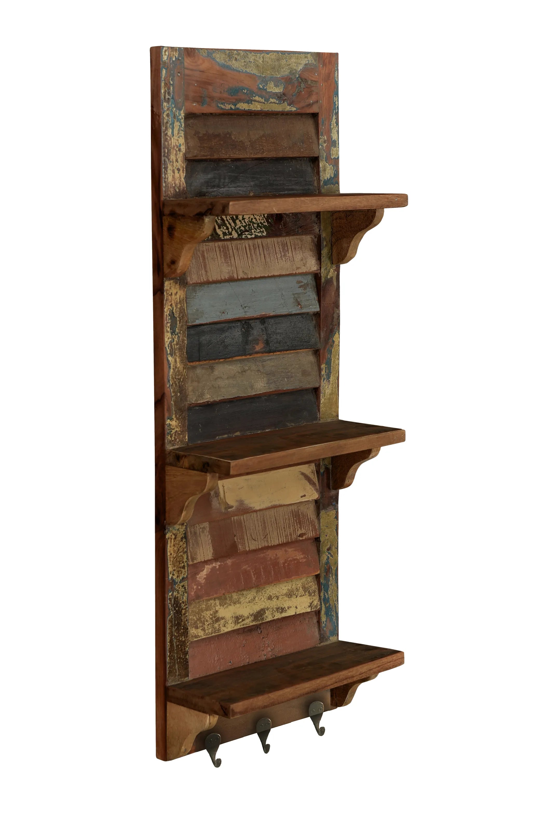 34" Brown And Multi Patina Reclaimed Wood Wall Mounted Shelf With Hooks