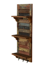 34" Brown And Multi Patina Reclaimed Wood Wall Mounted Shelf With Hooks